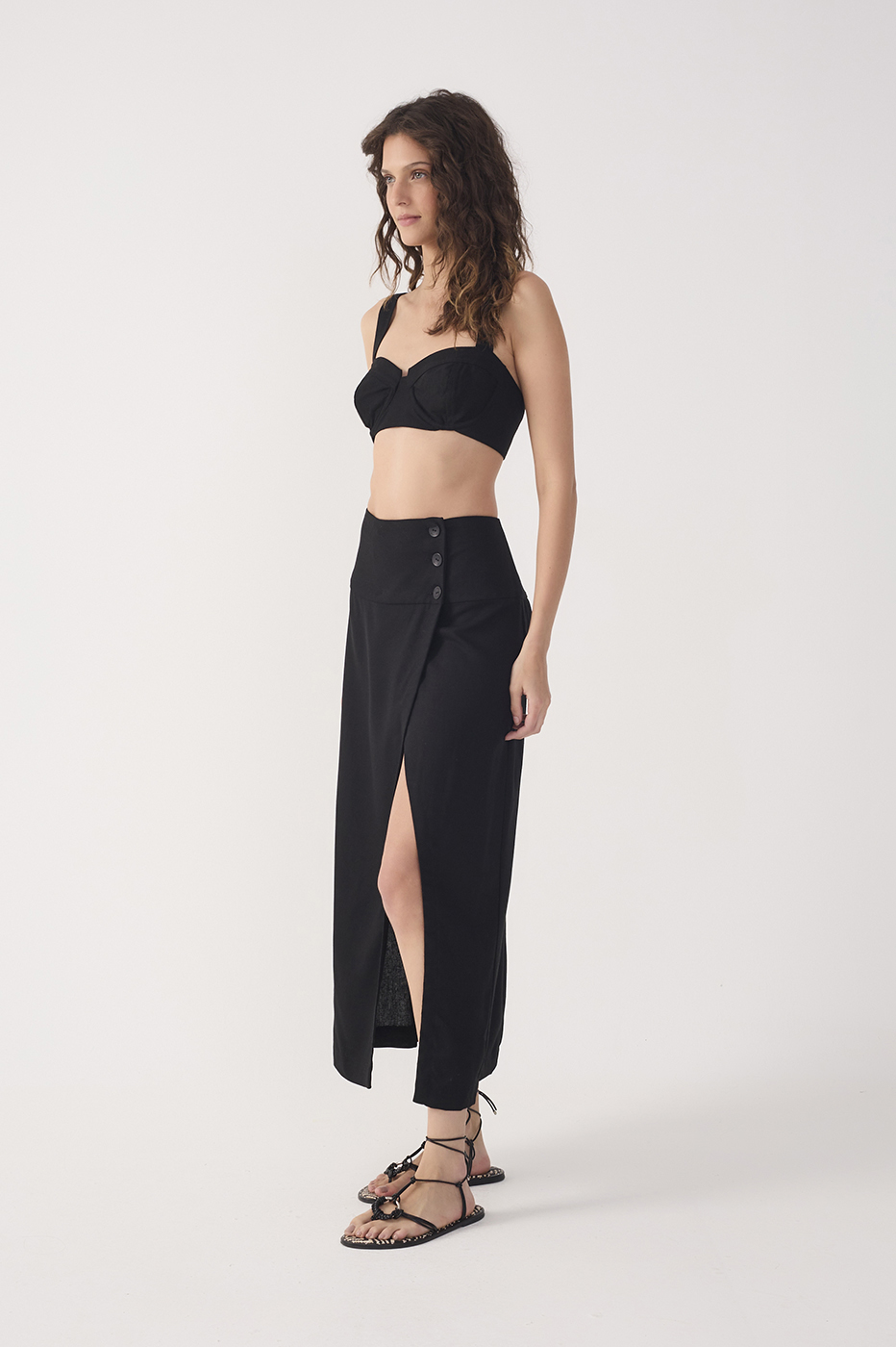 Black Buttoned Front Slit Linen Midi Skirt_3