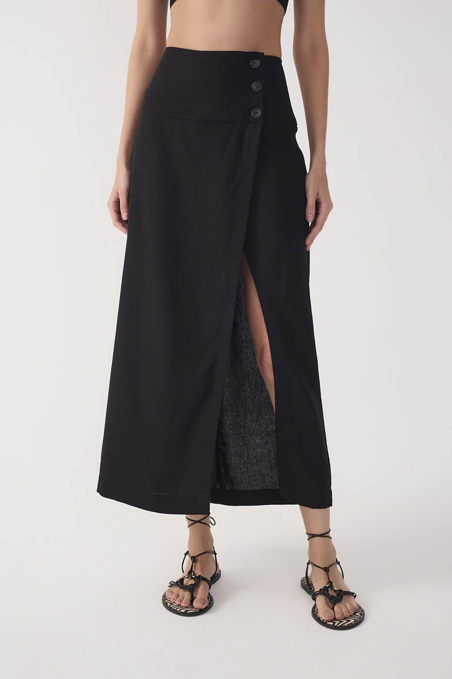 Black Buttoned Front Slit Linen Midi Skirt_4