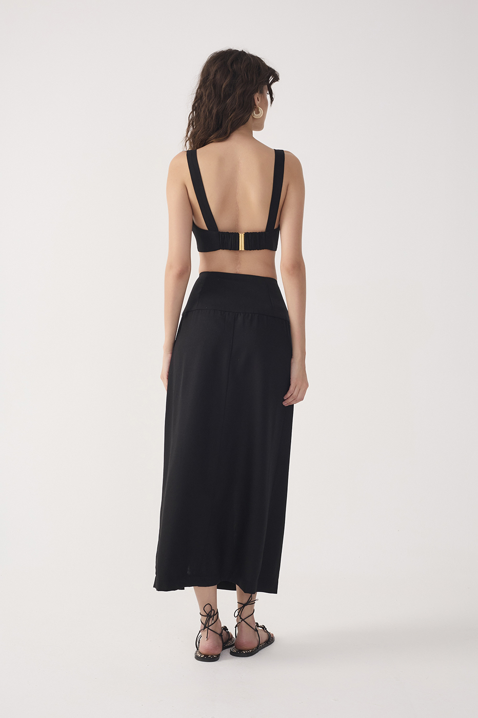 Black Buttoned Front Slit Linen Midi Skirt_5