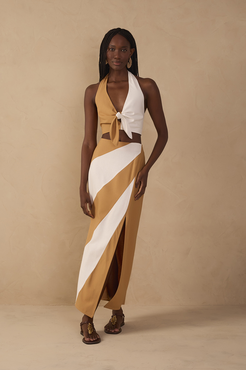 Bicolor Front Slit Midi Linen Skirt_1