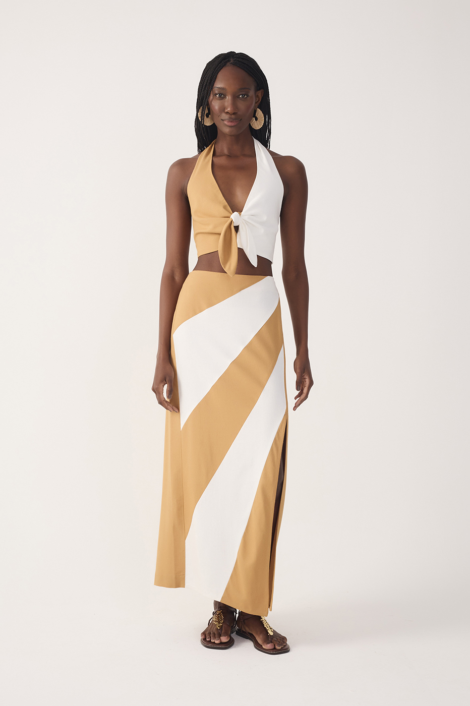 Bicolor Front Slit Midi Linen Skirt_2