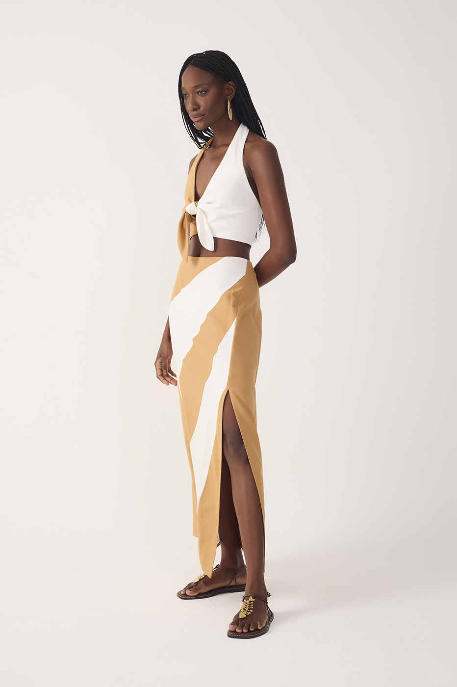 Bicolor Front Slit Midi Linen Skirt_3
