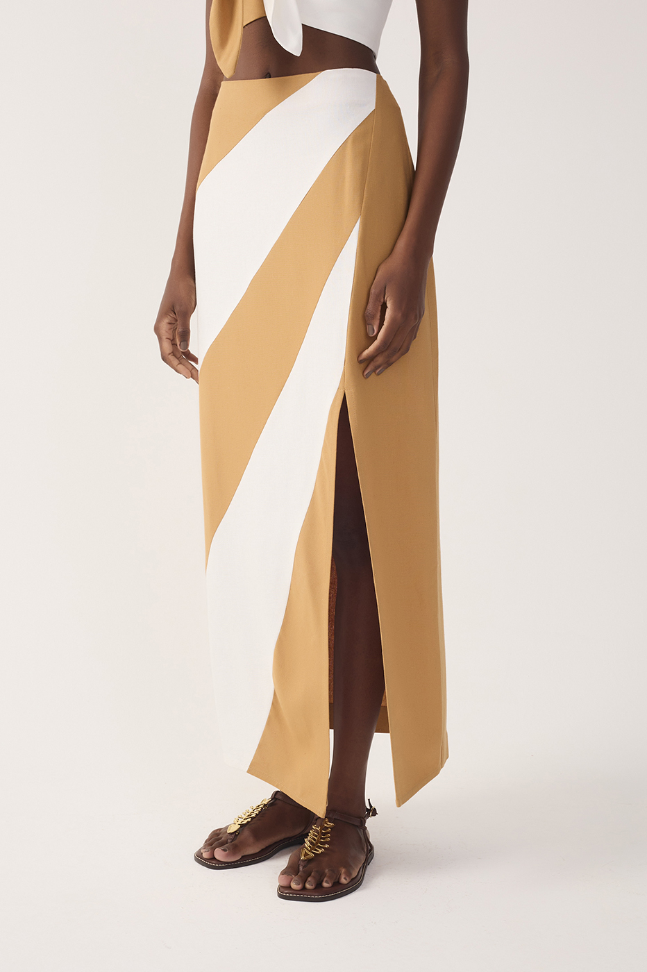 Bicolor Front Slit Midi Linen Skirt_4