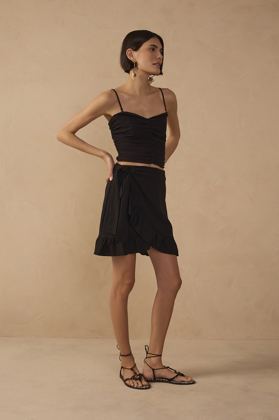 Black Wrap Ruffled Linen Mini Skirt_1