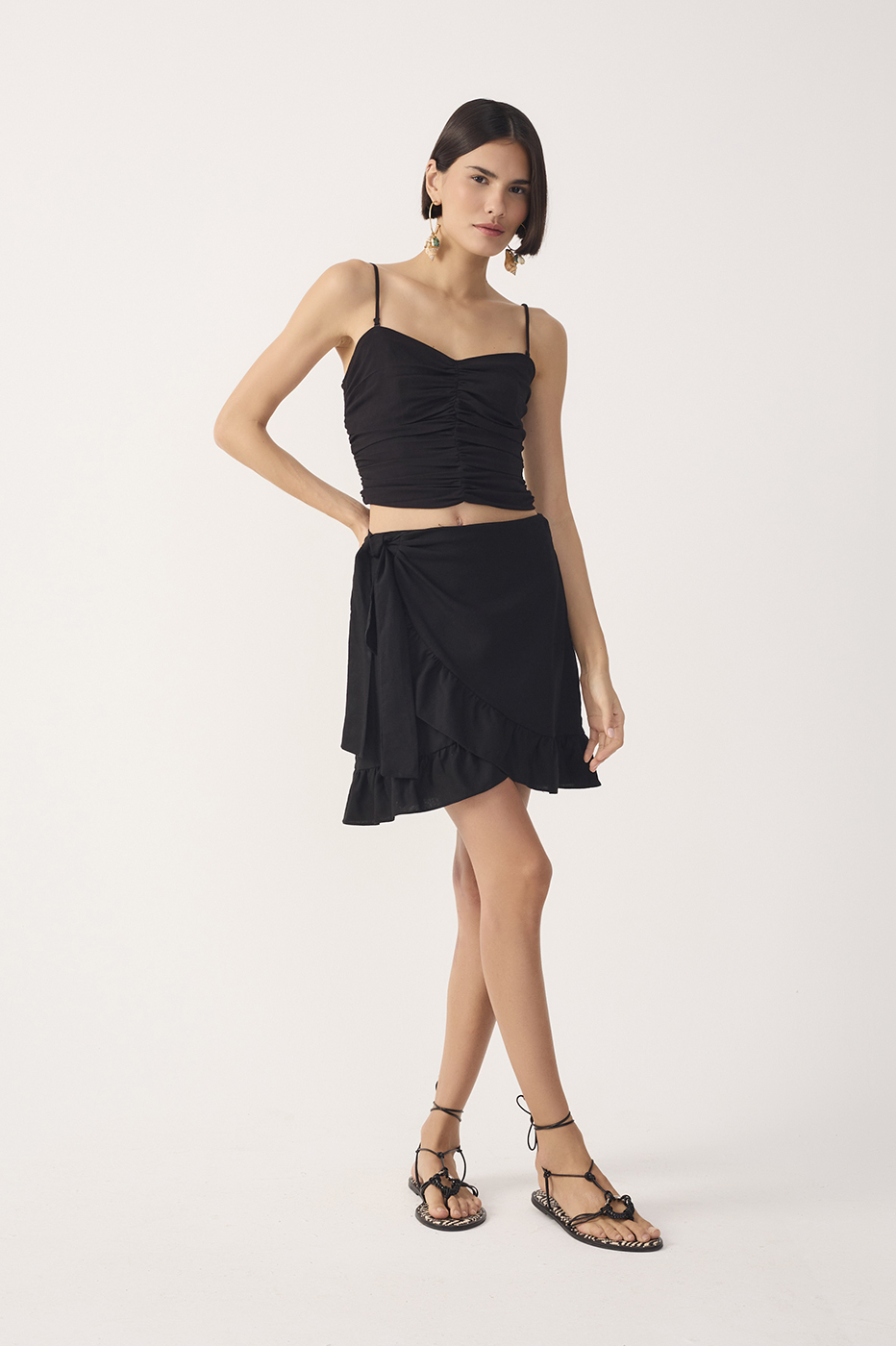 Black Wrap Ruffled Linen Mini Skirt_2