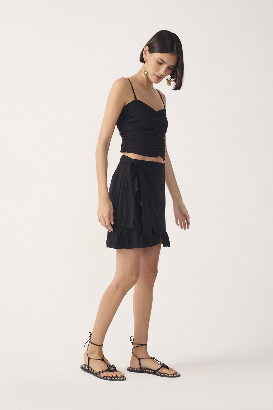 Black Wrap Ruffled Linen Mini Skirt