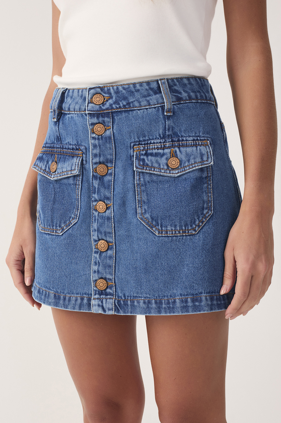 Denim Button-Front Pockets Cotton Skirt_4