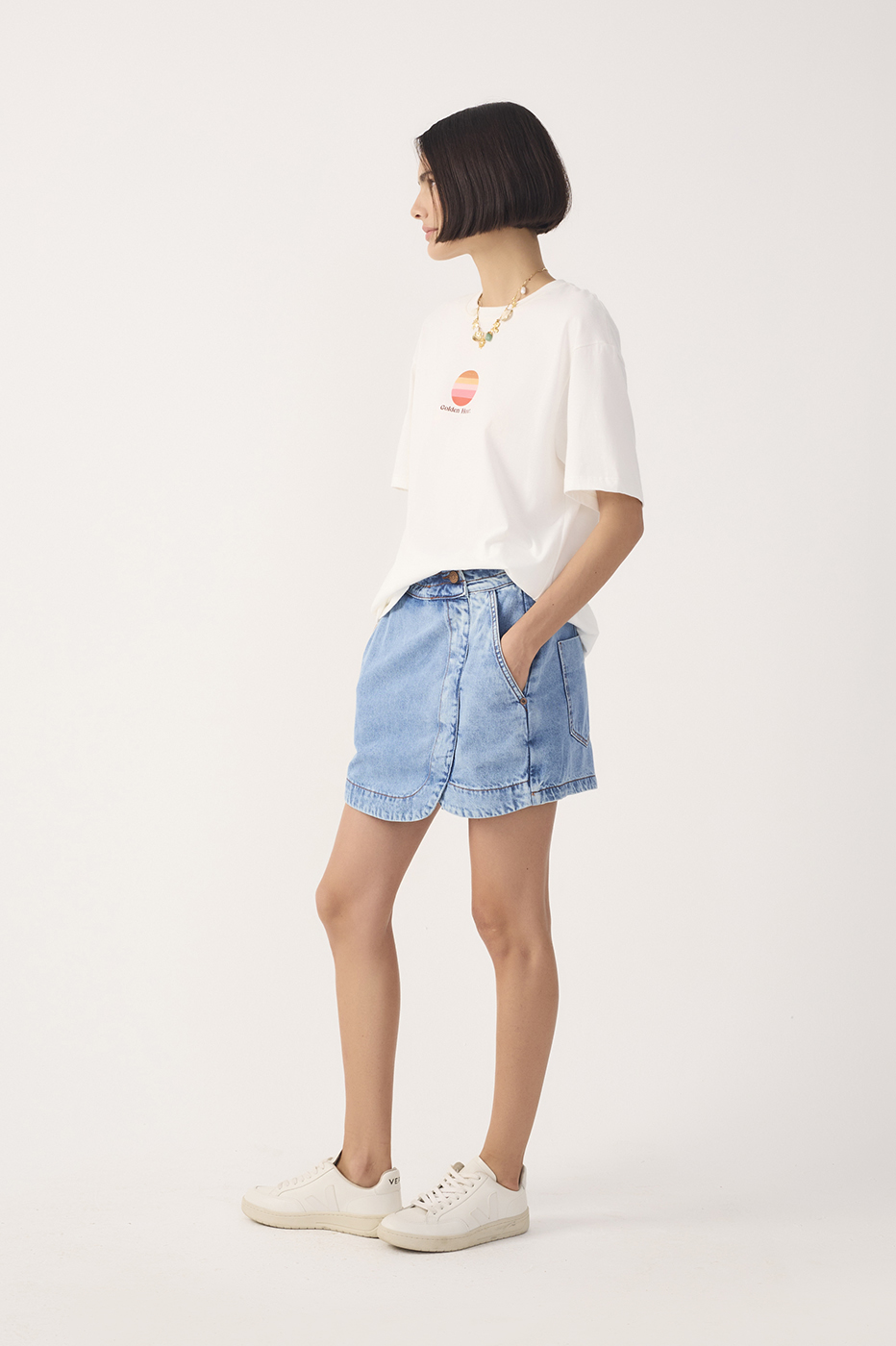 Denim Topstitched Waistband Skorts_4
