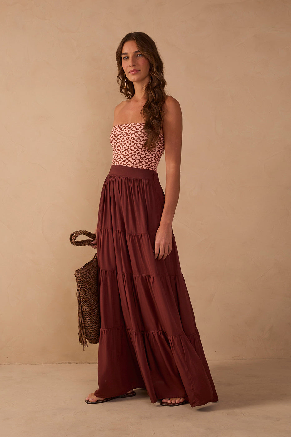 Brown Ruched Tiered Maxi Skirt_1