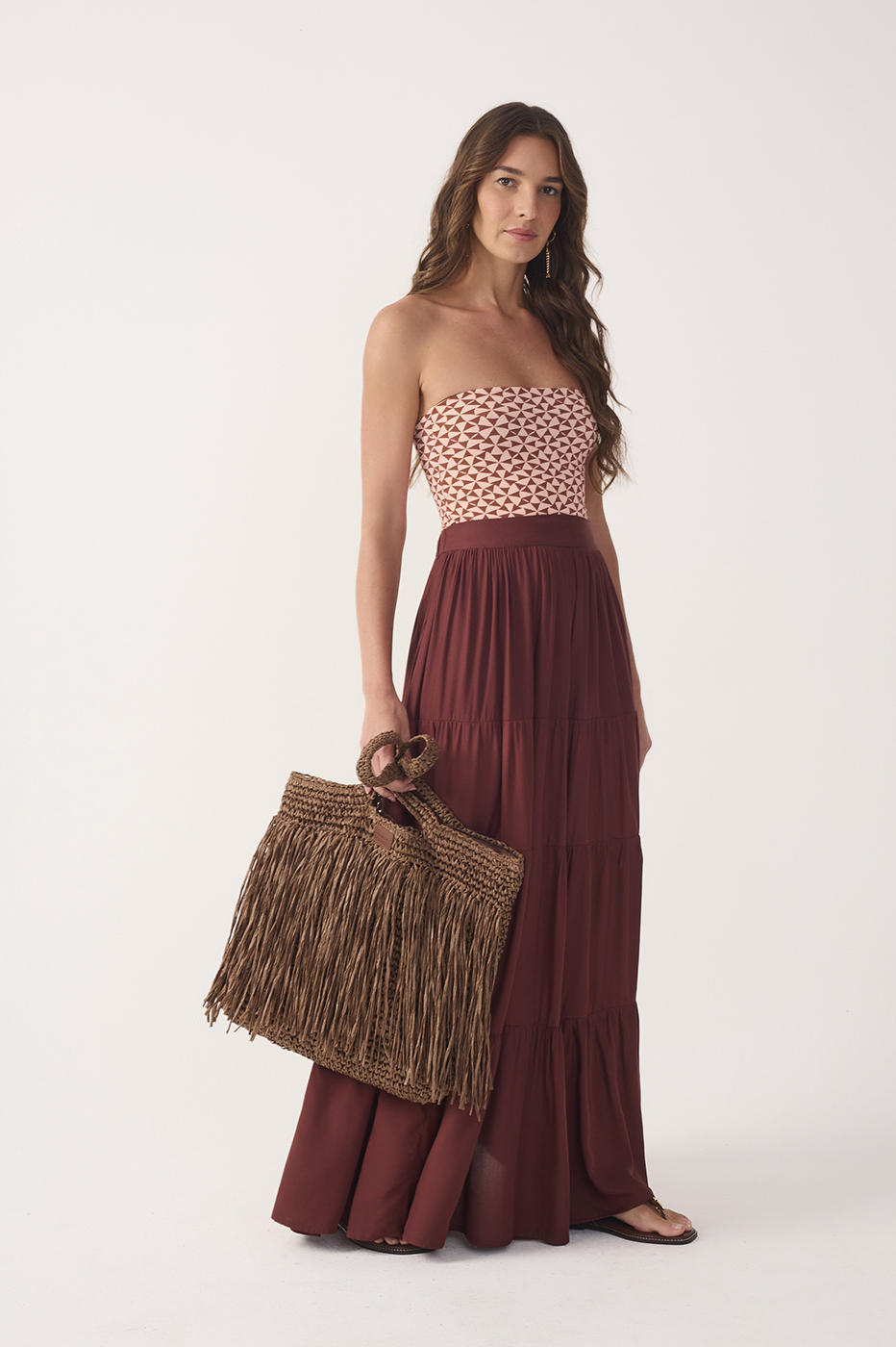 Brown Ruched Tiered Maxi Skirt_2