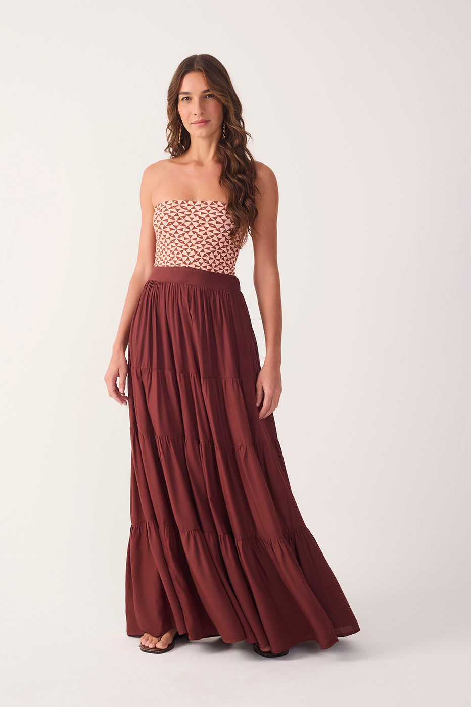 Brown Ruched Tiered Maxi Skirt_3