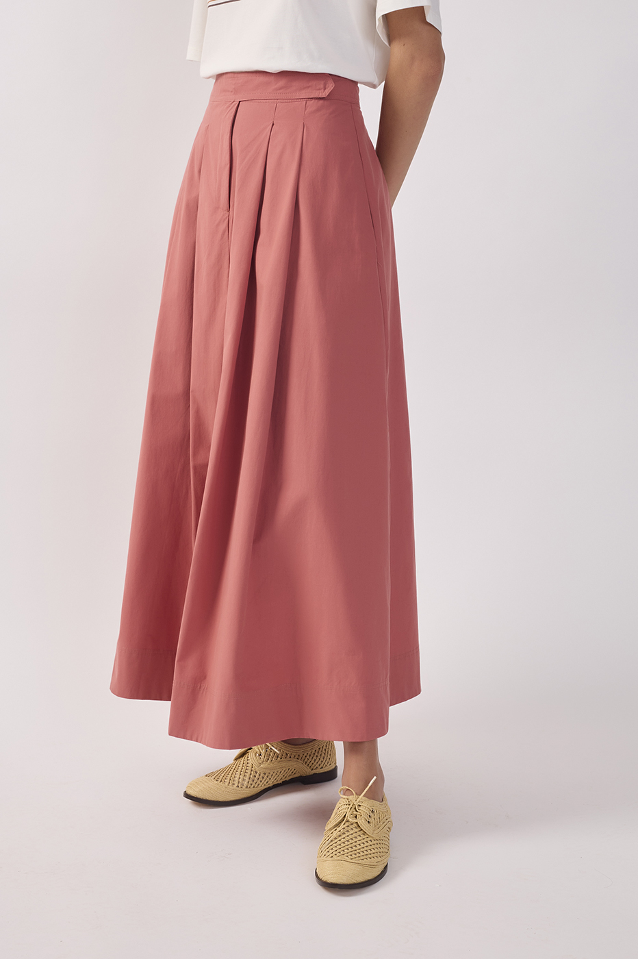 Pleated Pockets Tailored Cotton Maxi Skirt_3