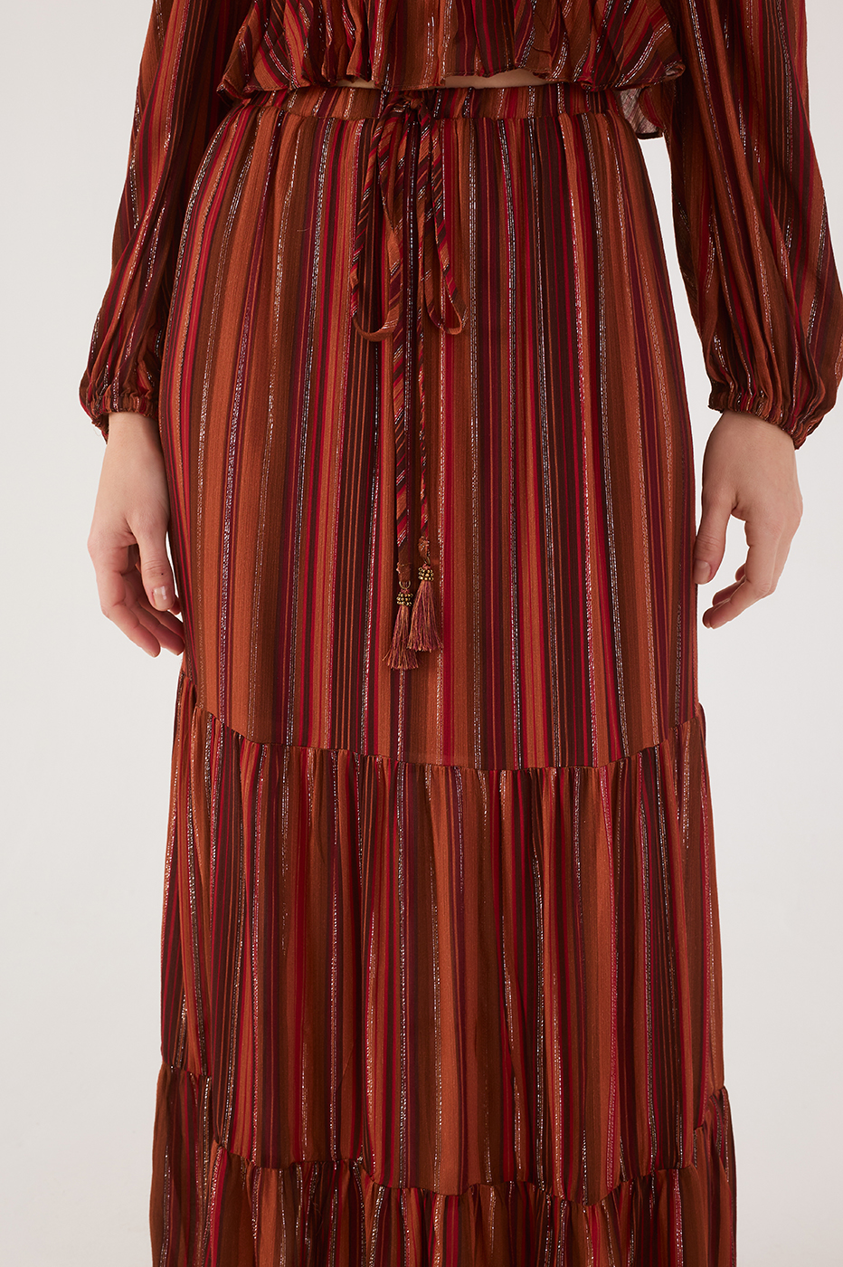 Brown Refugio Lurex Tiered Drawstring Maxi Skirt