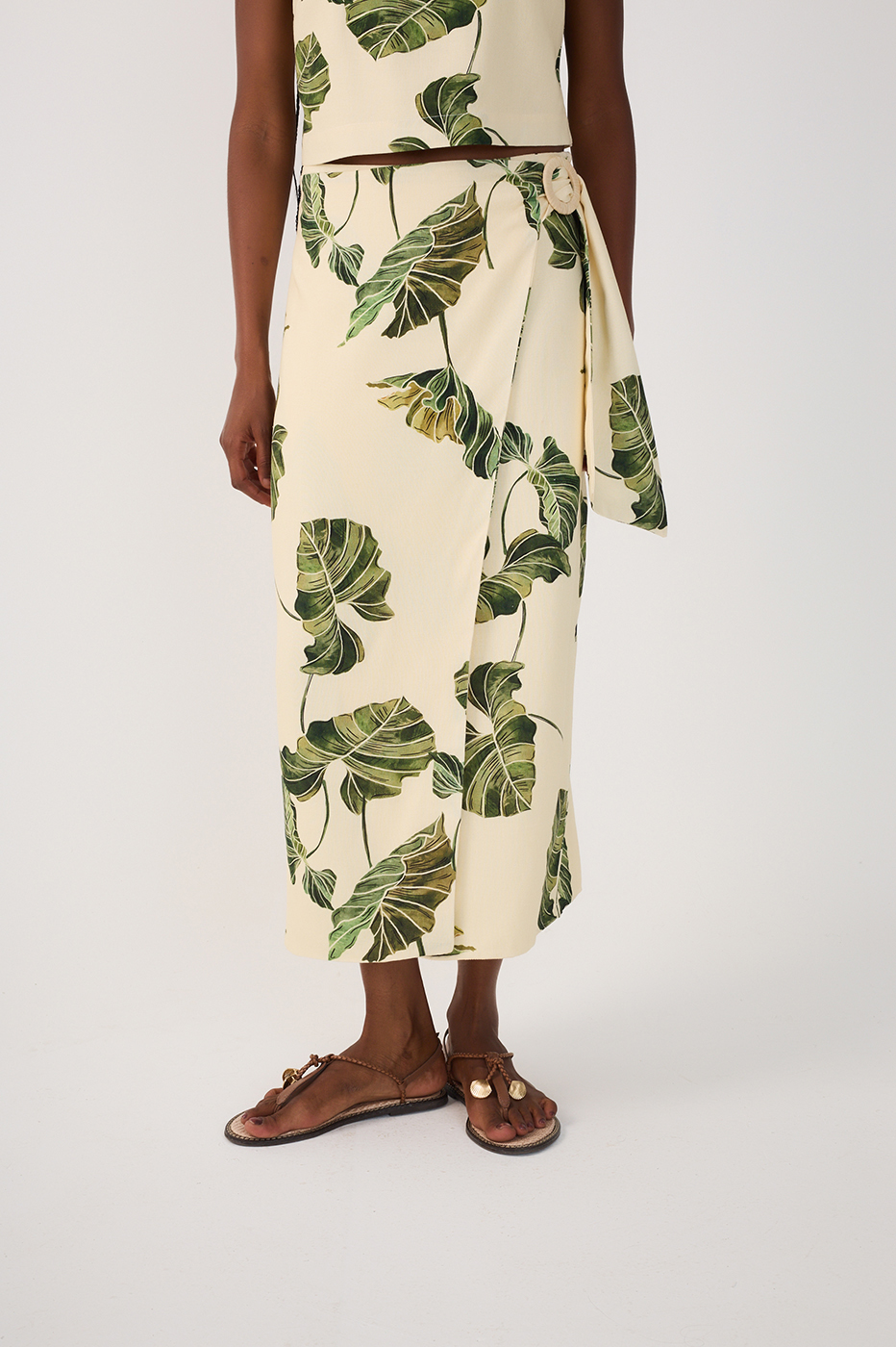 Green Folhar Side Ties Wrap Maxi Skirt_3
