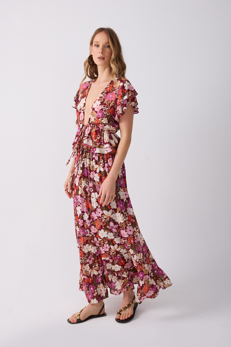 Brown Drawstring Ruffled Maxi Skirt_3