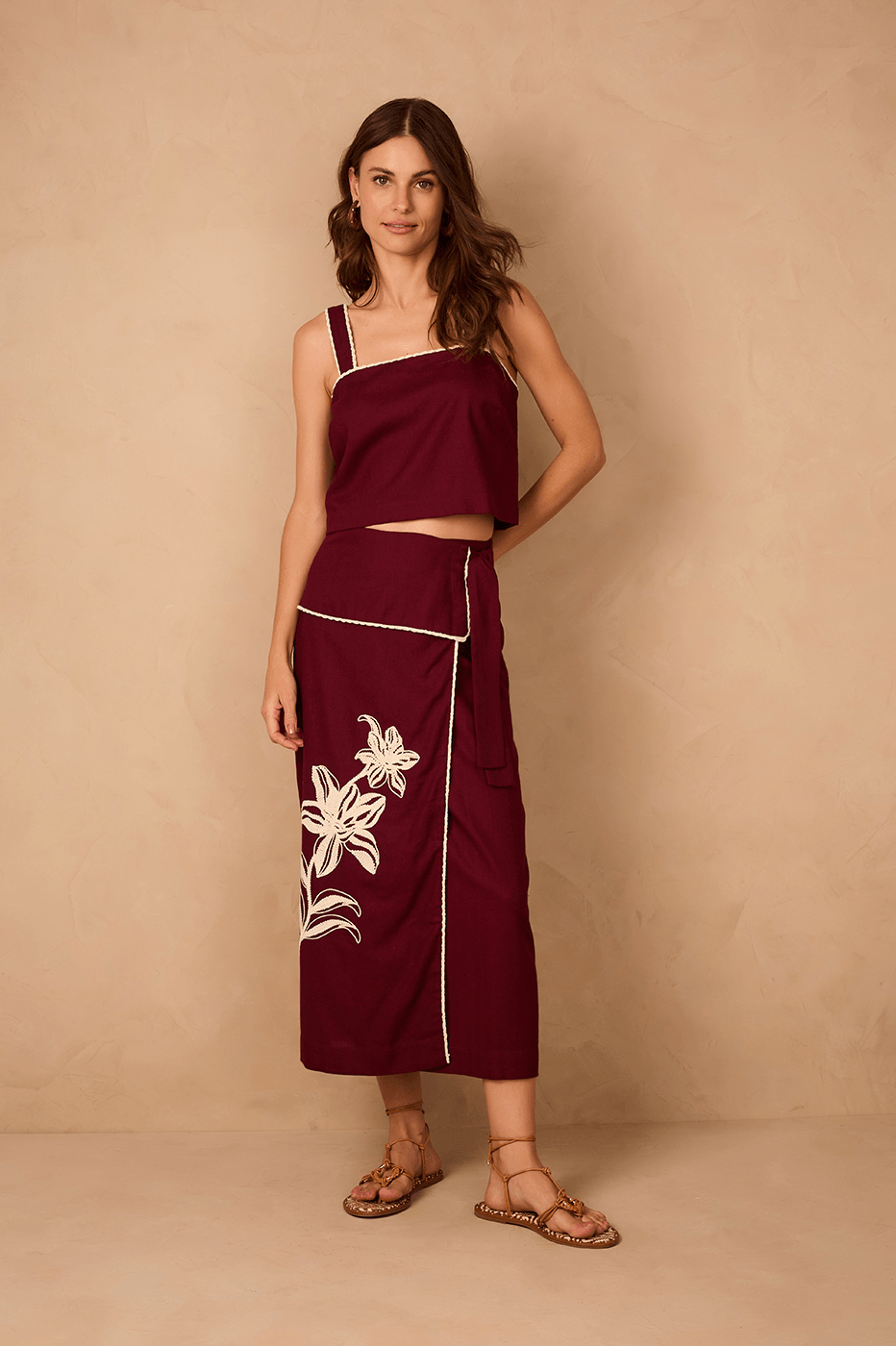 Wine Bossa Embroidered Flowers Side Ties Maxi Skirt_1