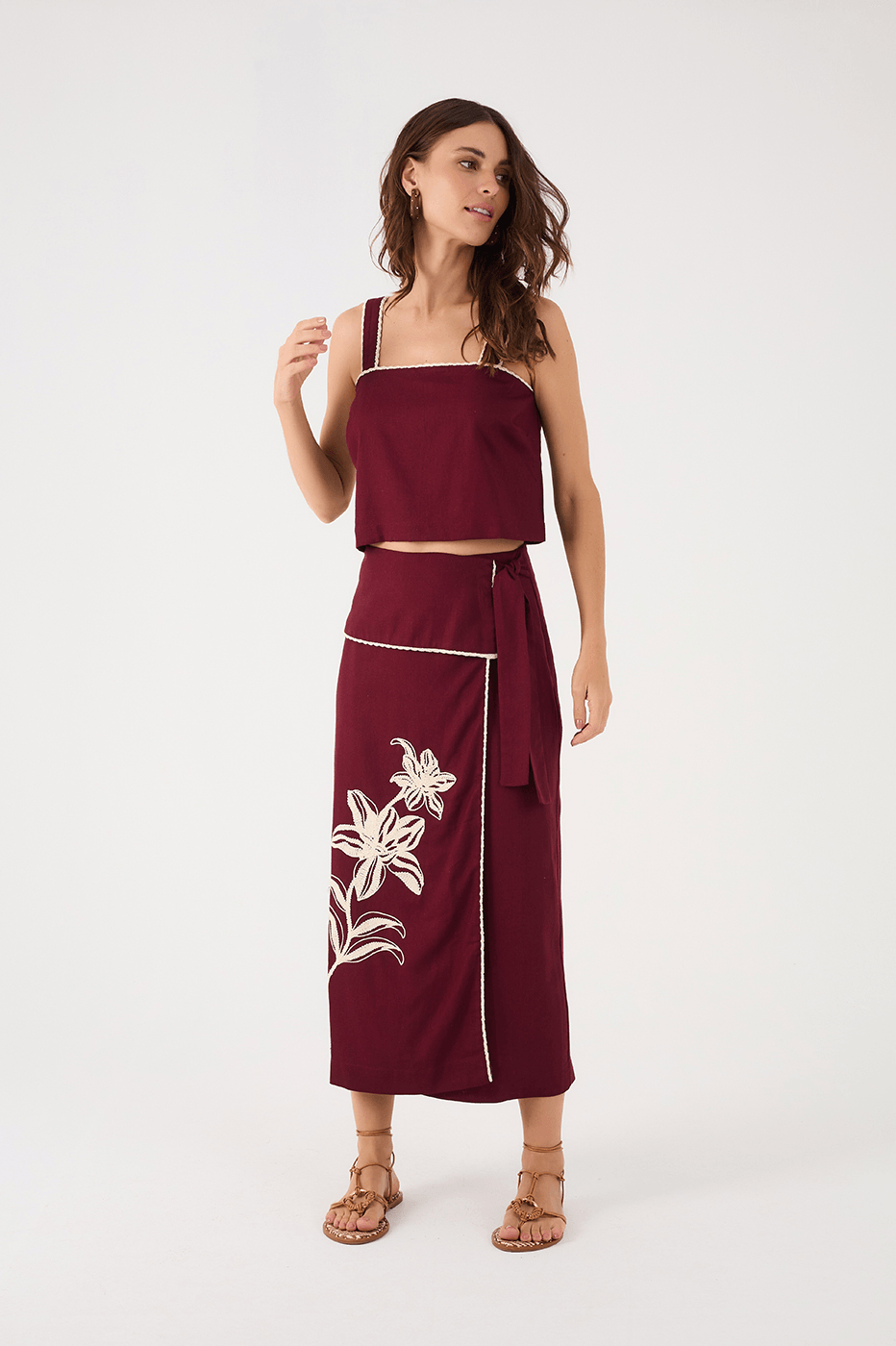 Wine Bossa Embroidered Flowers Side Ties Maxi Skirt_2