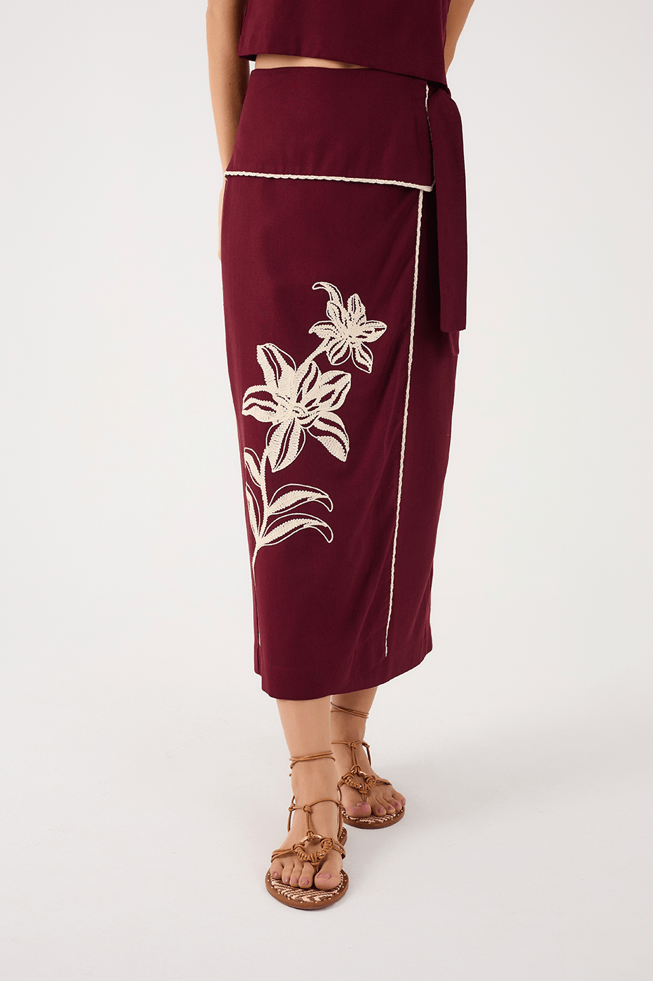Wine Bossa Embroidered Flowers Side Ties Maxi Skirt_3