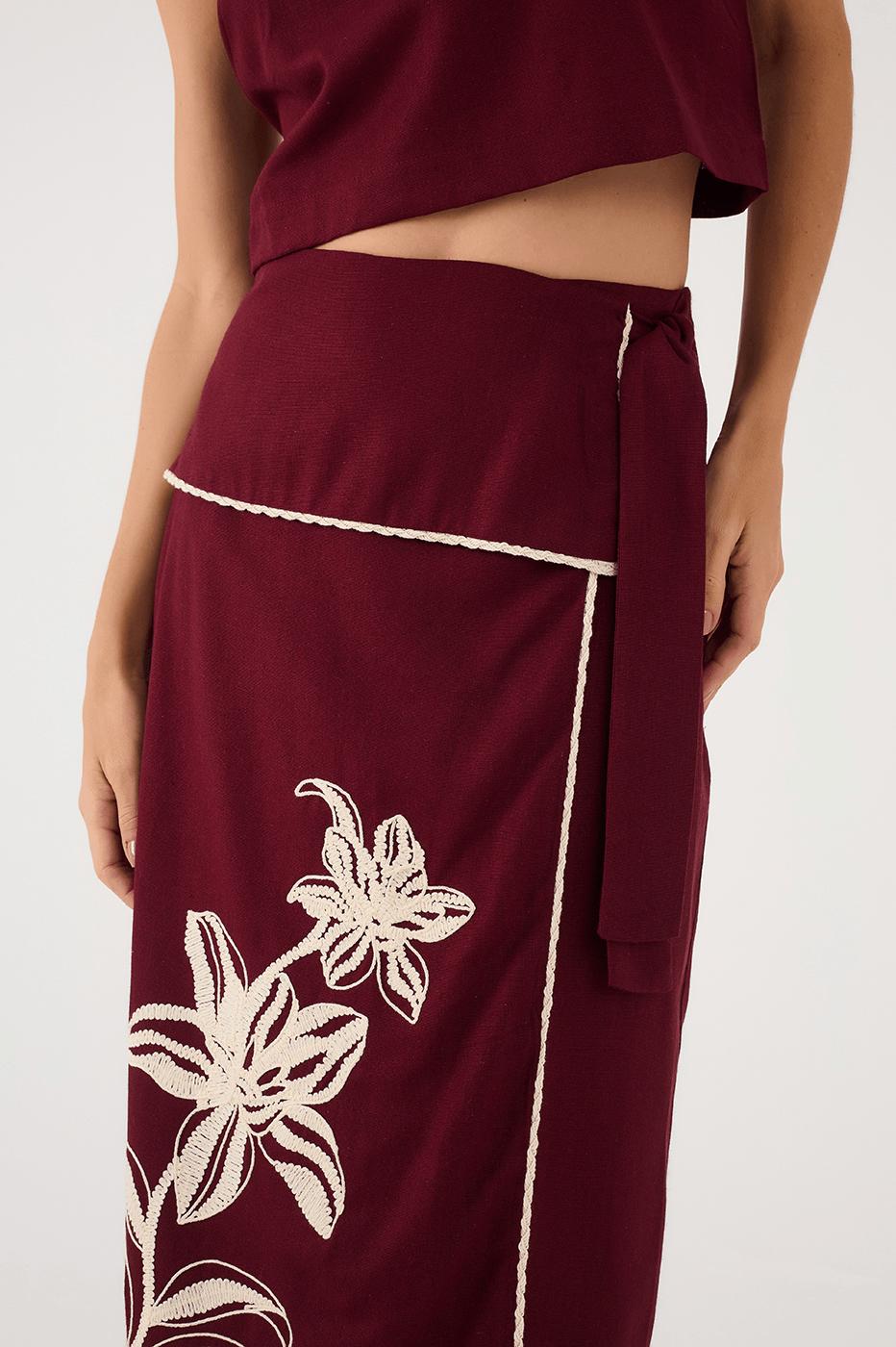 Wine Bossa Embroidered Flowers Side Ties Maxi Skirt_4