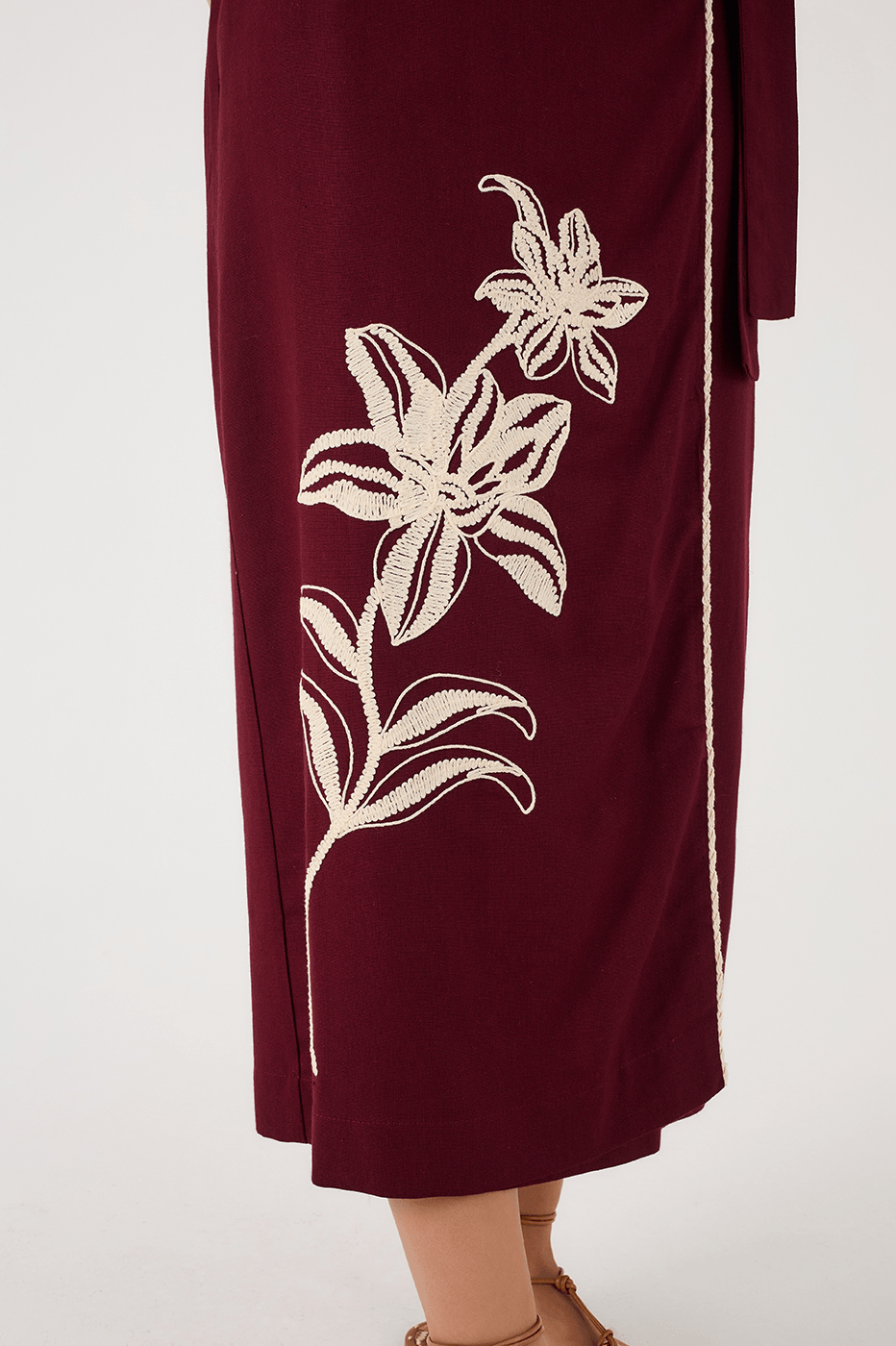 Wine Bossa Embroidered Flowers Side Ties Maxi Skirt_5