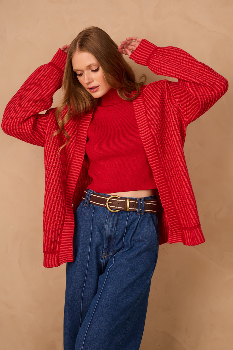 Red Encanto V Neck Cuffed Tricot Cardigan