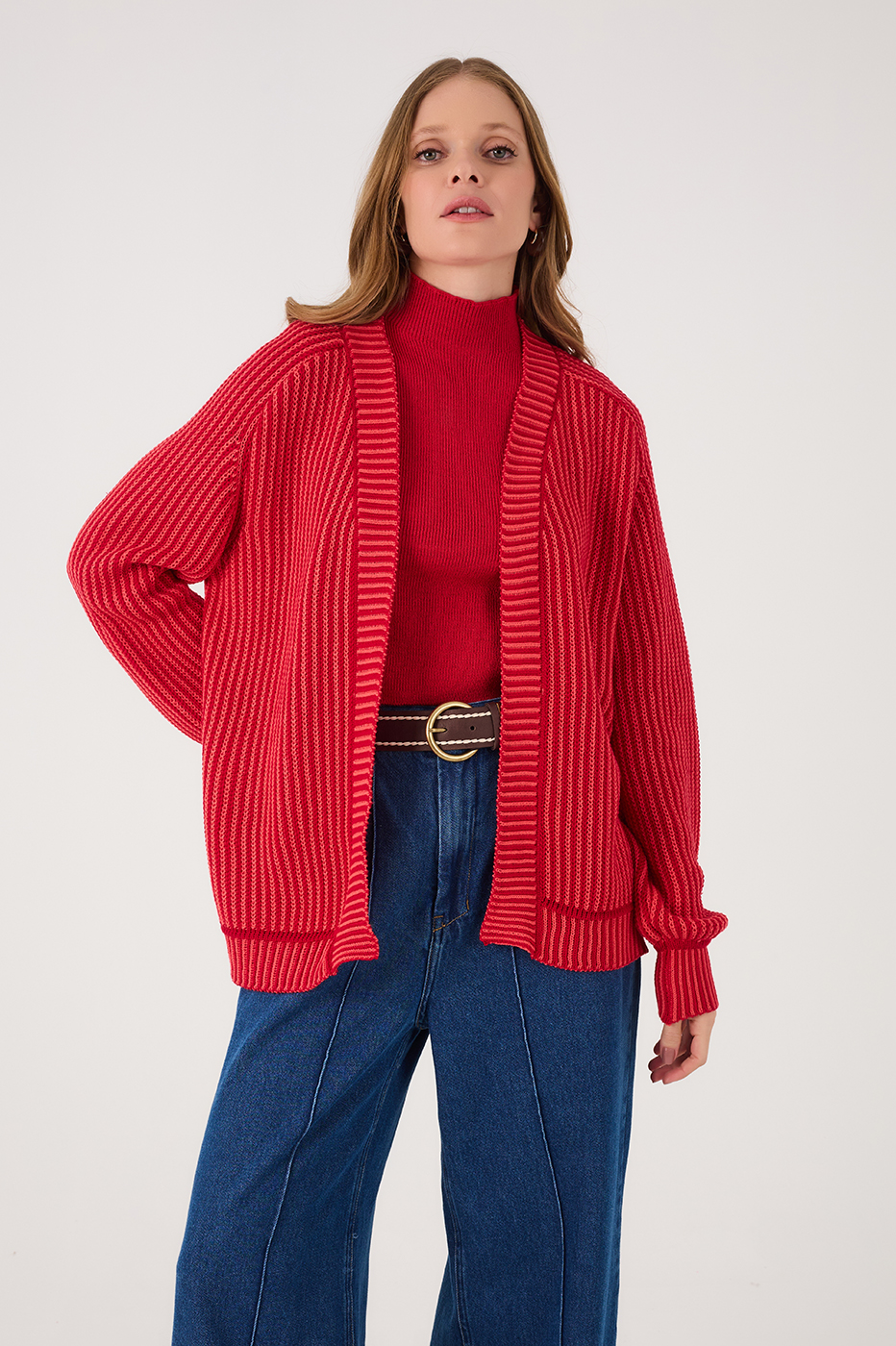 Red Encanto V Neck Cuffed Tricot Cardigan_2