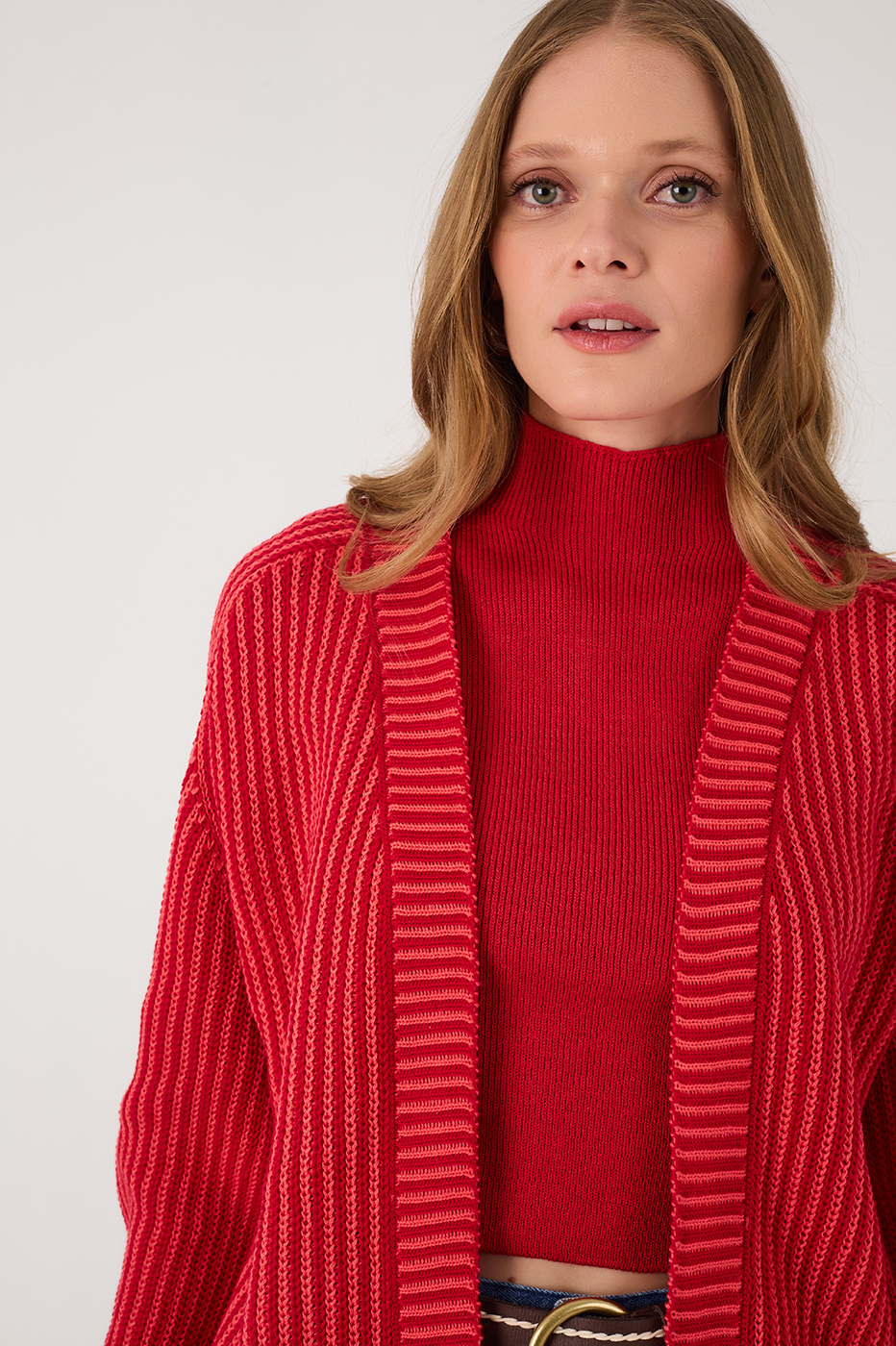 Red Encanto V Neck Cuffed Tricot Cardigan_4