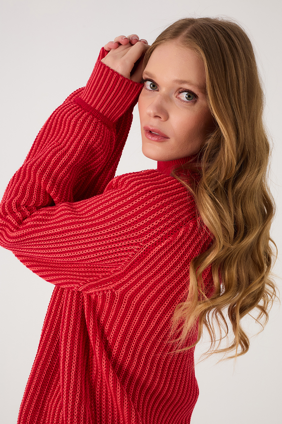 Red Encanto V Neck Cuffed Tricot Cardigan