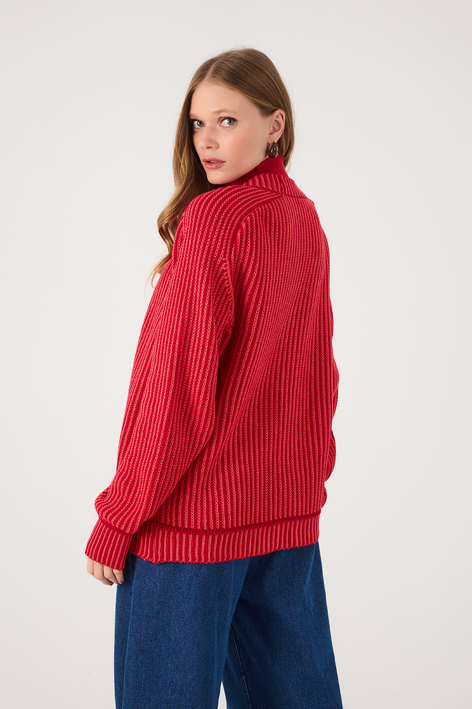 Red Encanto V Neck Cuffed Tricot Cardigan