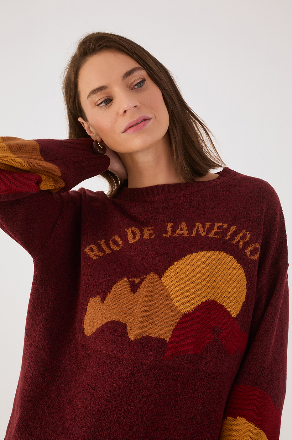 Wine Bossa Rio Jacquard Dropped Shoulder Tricot Sweater_3
