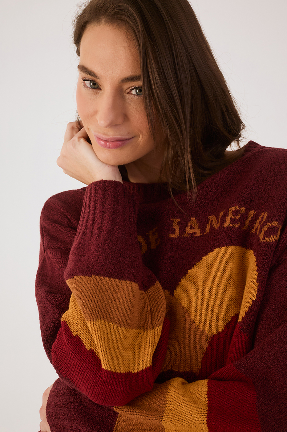 Wine Bossa Rio Jacquard Dropped Shoulder Tricot Sweater_4