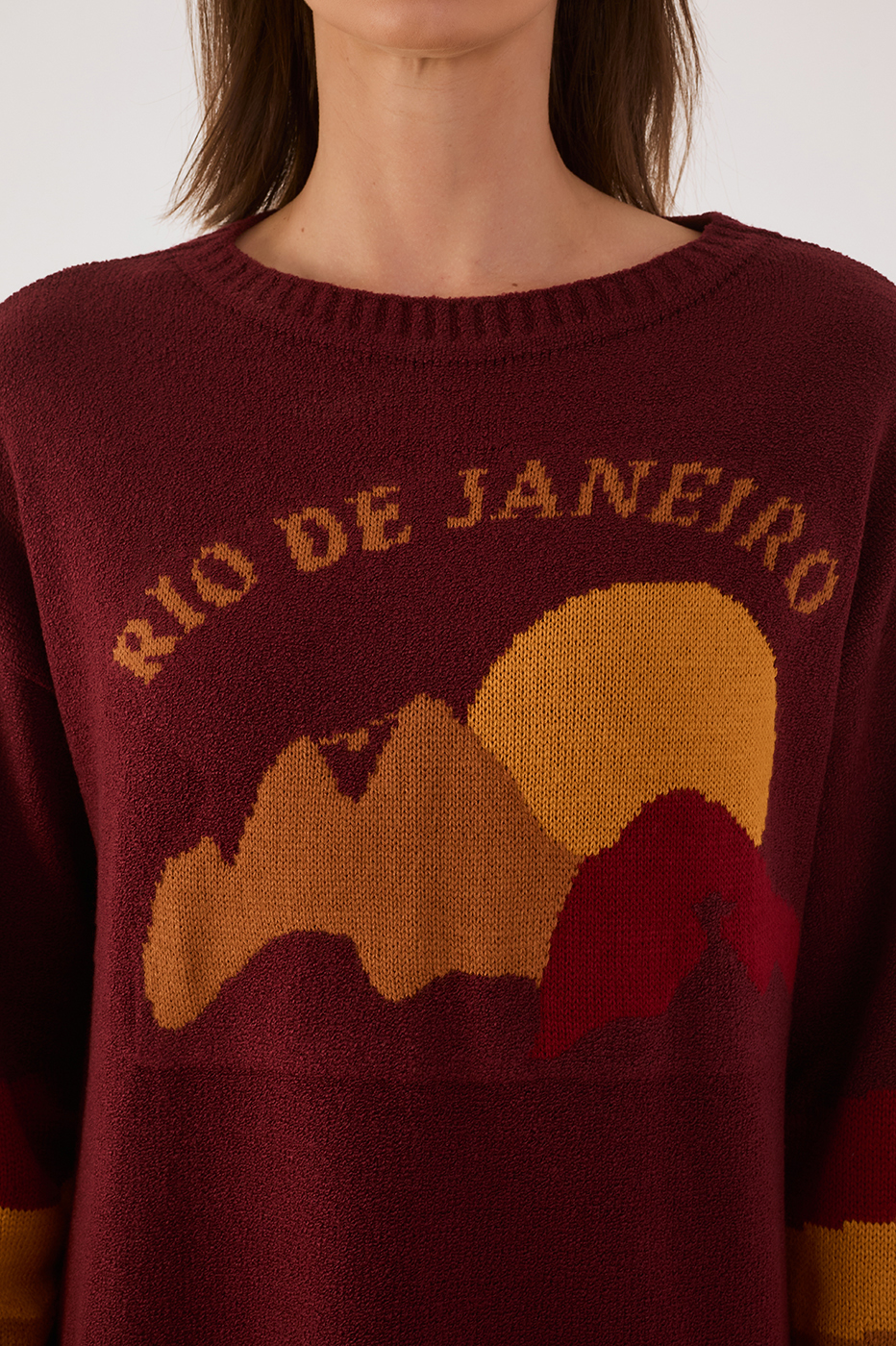 Wine Bossa Rio Jacquard Dropped Shoulder Tricot Sweater_5