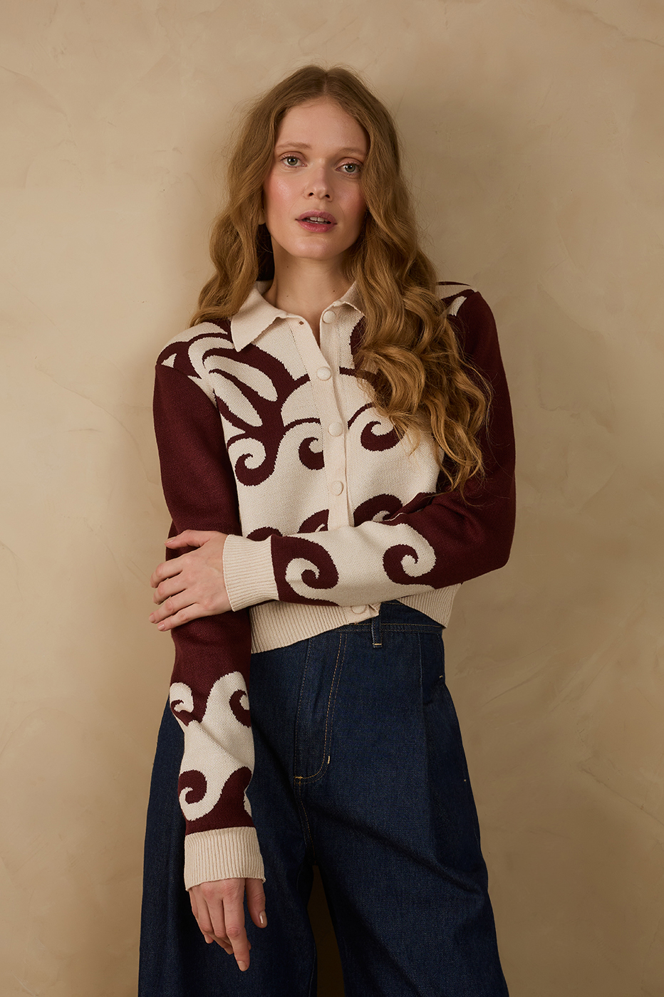 Wine Bossa Paradise Collared Buttoned Tricot Cardigan_1