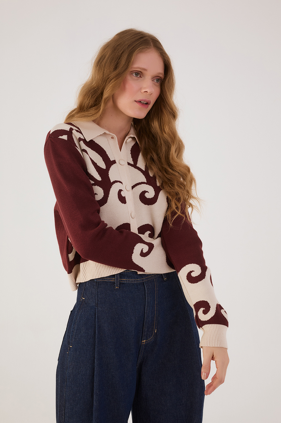 Wine Bossa Paradise Collared Buttoned Tricot Cardigan_2