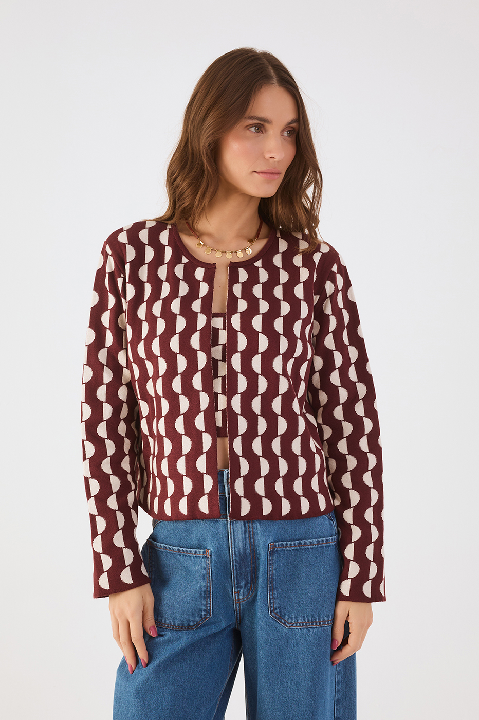 Wine Bossa Bicolor Crew Neck Open Crop Cardigan_3