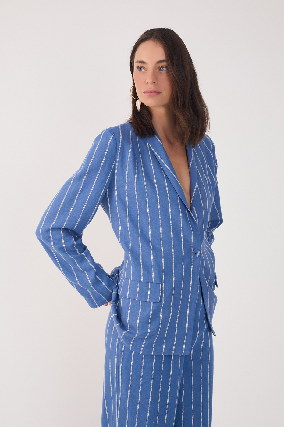 Blue Stripes Lapel Buttoned Linen Blazer_3