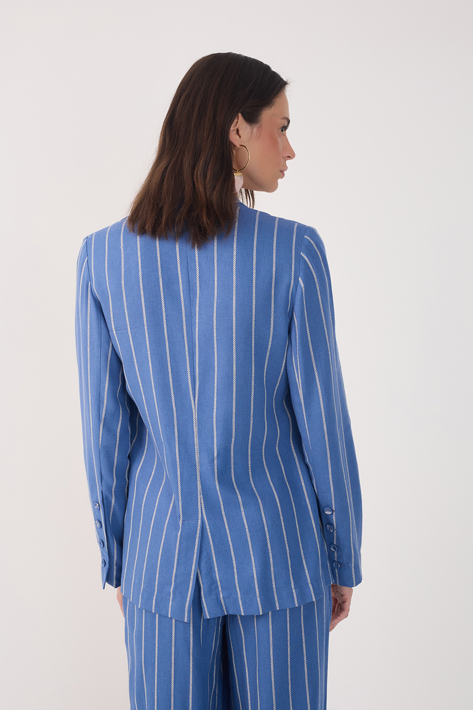 Blue Stripes Lapel Buttoned Linen Blazer_5