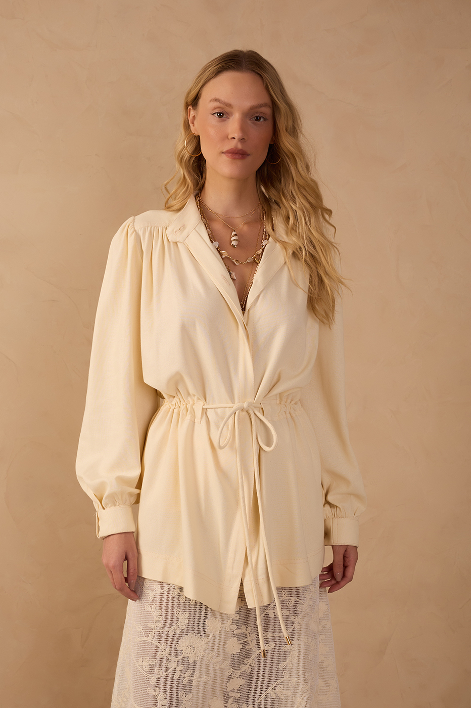 Beige Collared Adjustable Waist Parka