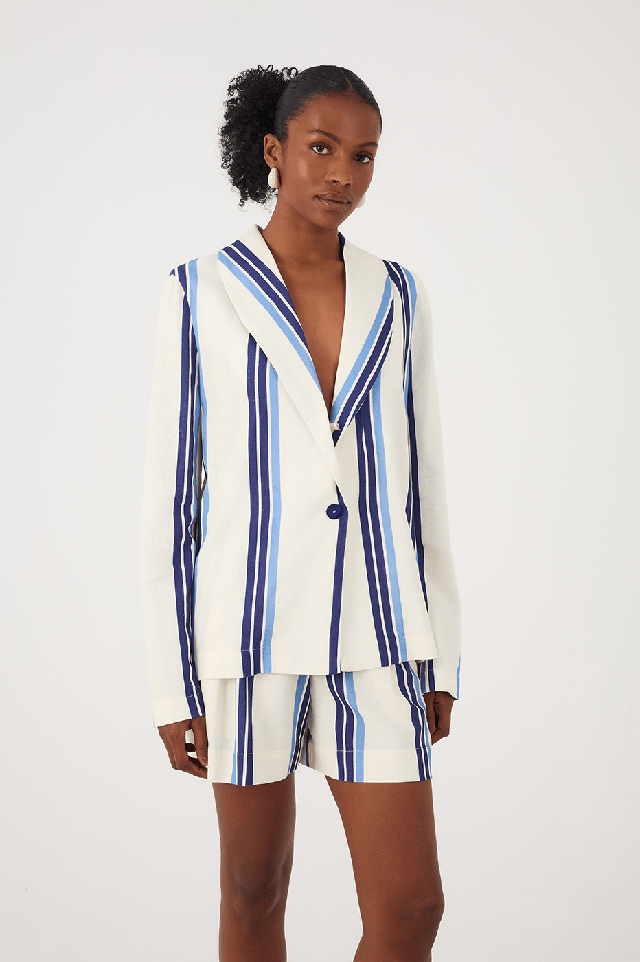 Blue Stripes Joa Lapel Button Linen Blazer_2