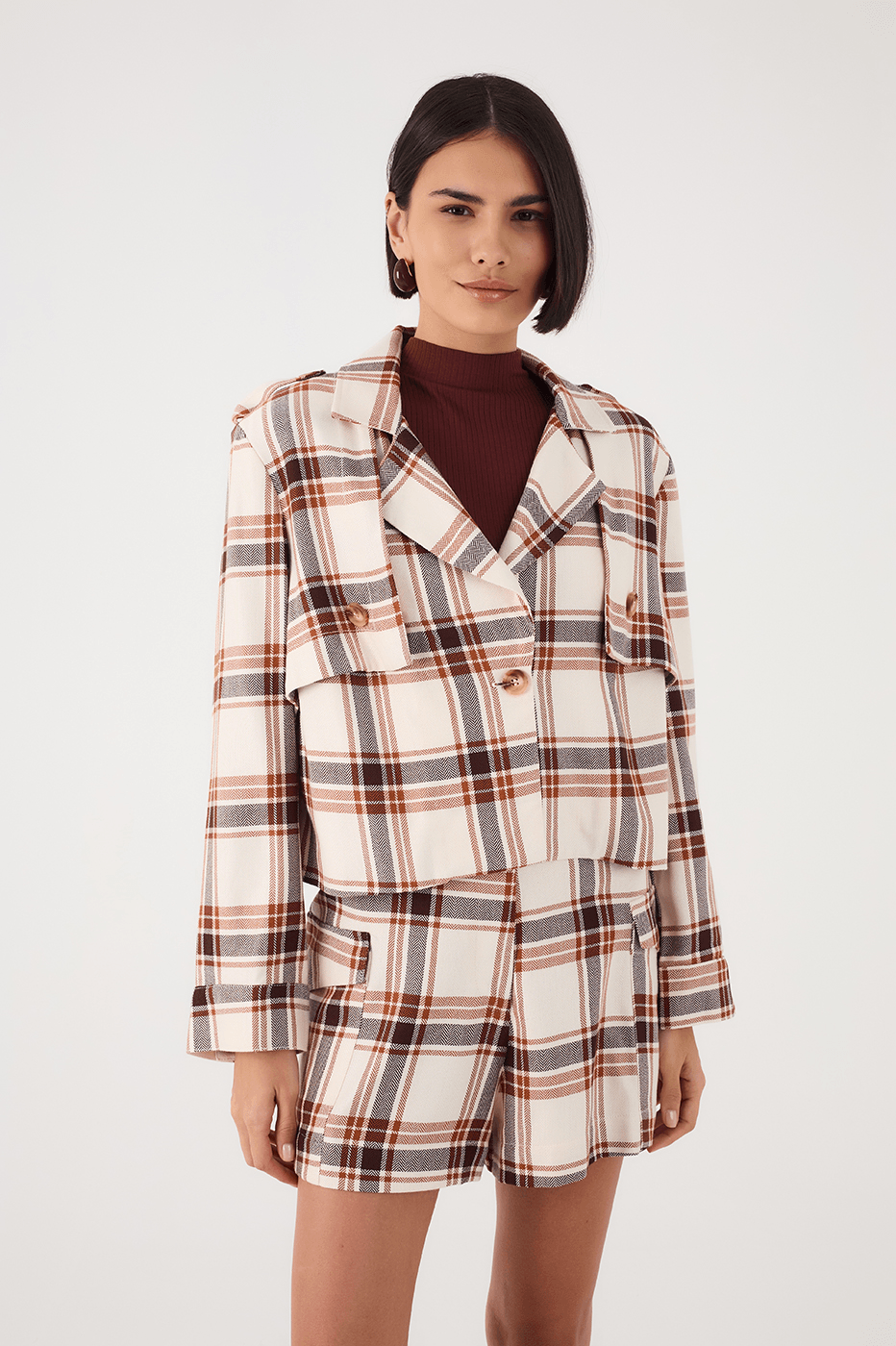 Brown Mate Plaid Notched Lapel Buttoned Layered Jacket