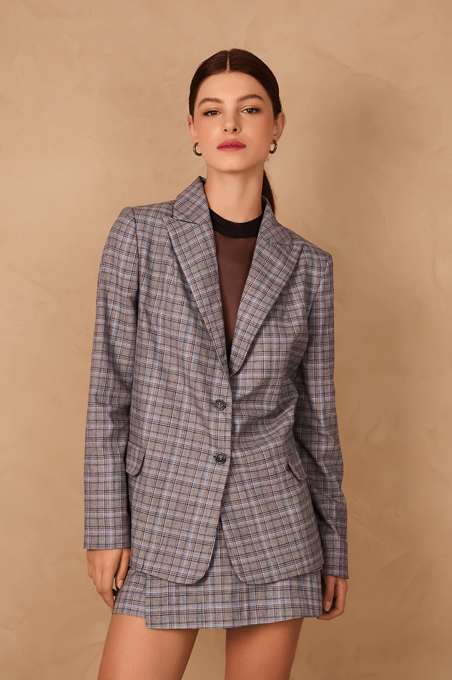 Grey Plaid Oversized Buttoned Notched Lapel Tailored Blazer_1