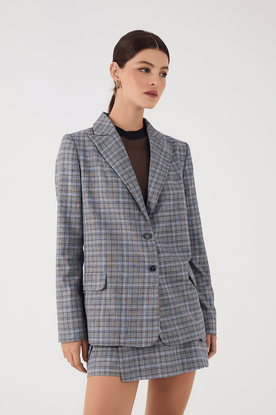 Grey Plaid Oversized Buttoned Notched Lapel Tailored Blazer_2