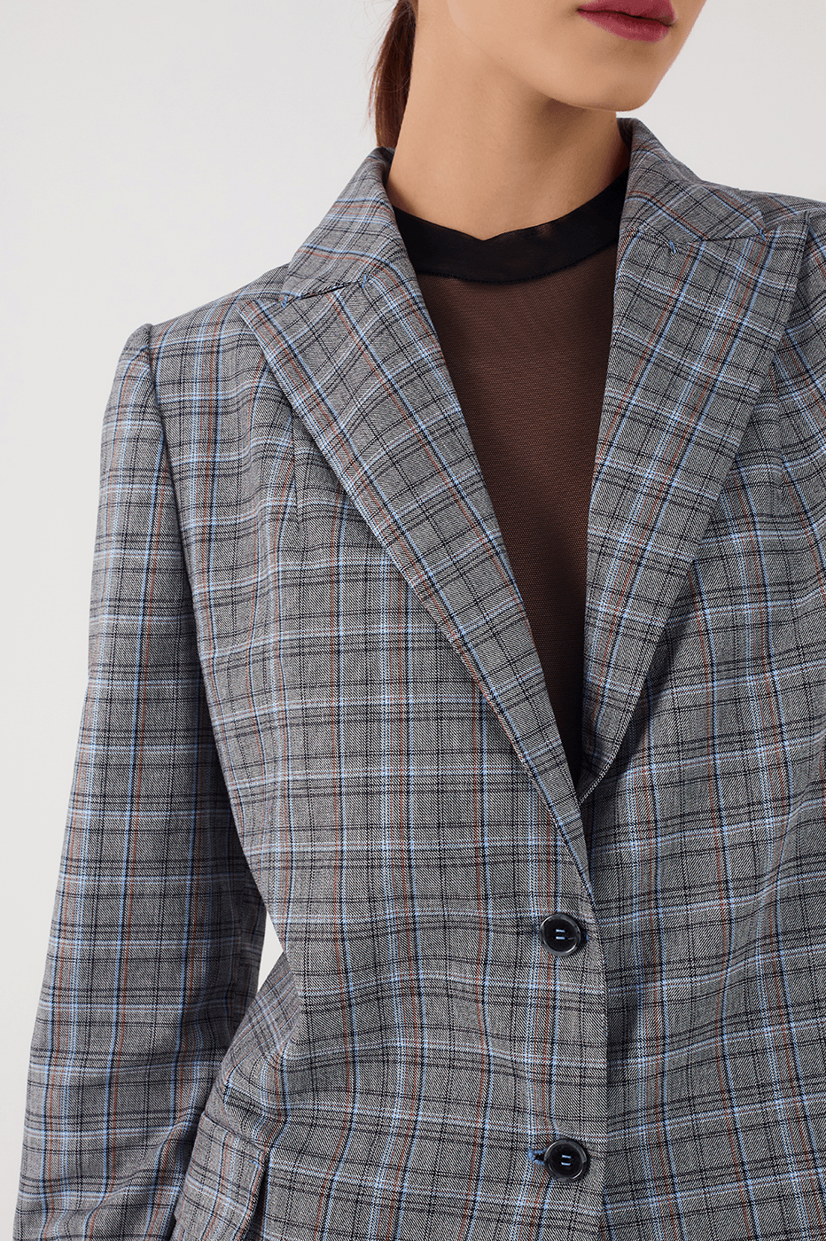 Grey Plaid Oversized Buttoned Notched Lapel Tailored Blazer_4