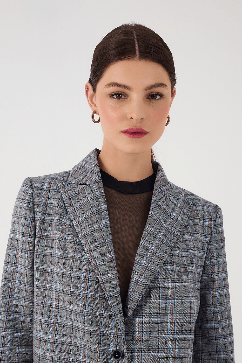 Grey Plaid Oversized Buttoned Notched Lapel Tailored Blazer_5
