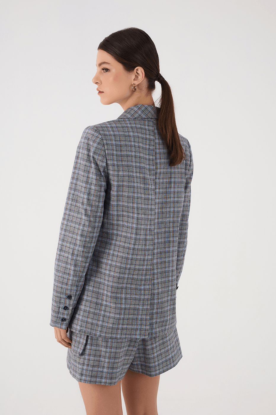 Grey Plaid Oversized Buttoned Notched Lapel Tailored Blazer_6