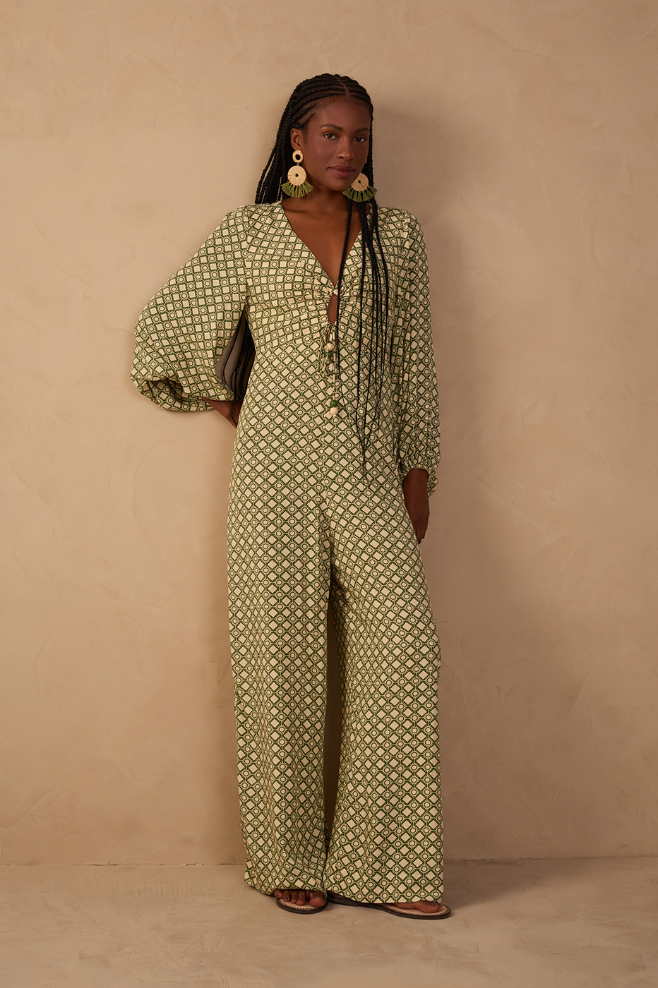 Green Amanhecer Ties Long Sleeve Jumpsuit_1