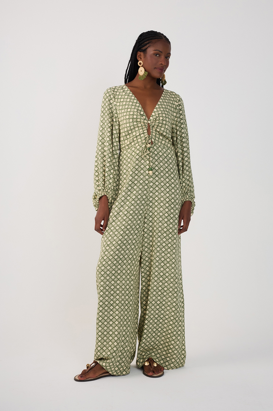 Green Amanhecer Ties Long Sleeve Jumpsuit_2