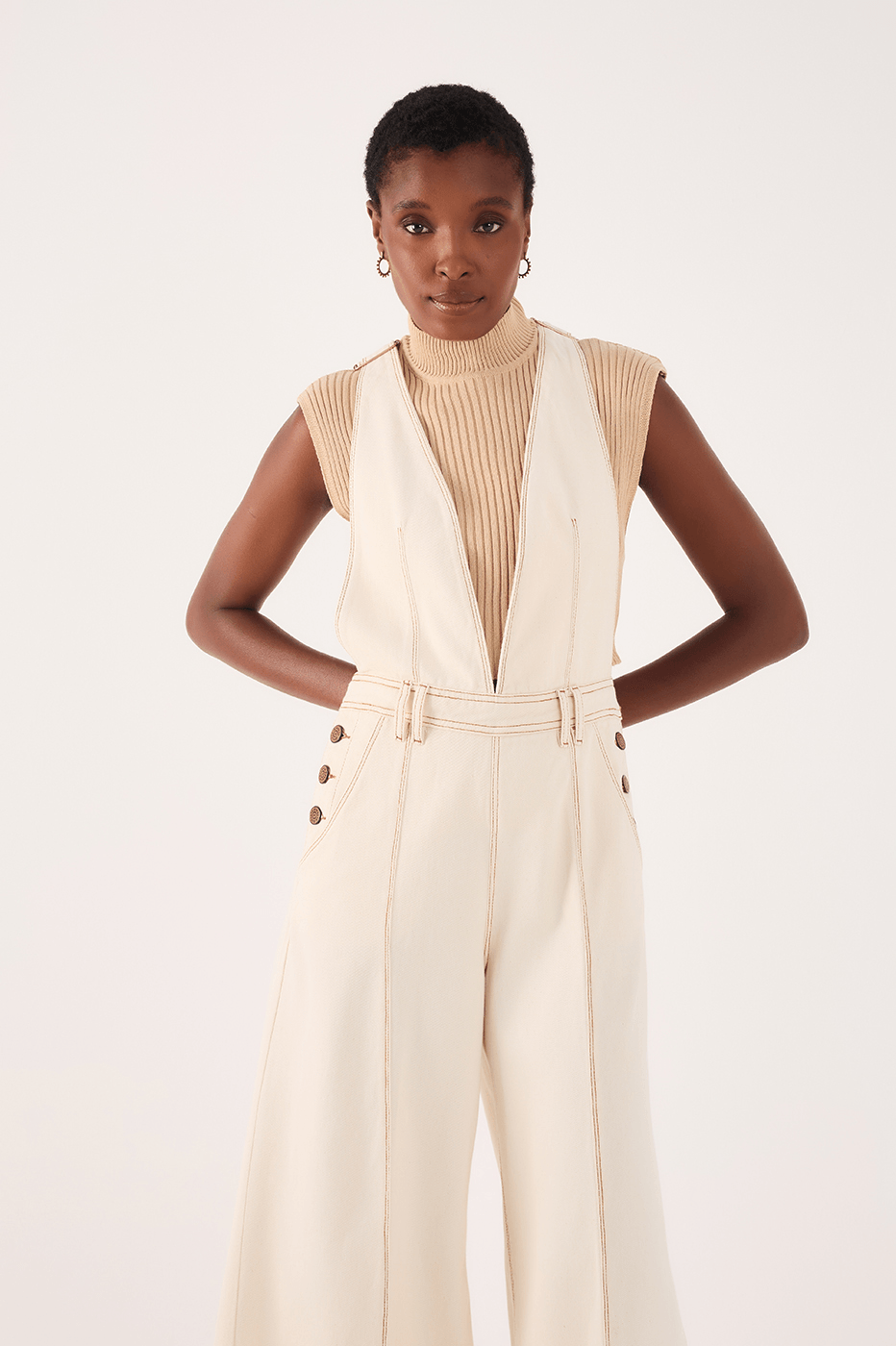 Pleated Button-Front Twill Overall