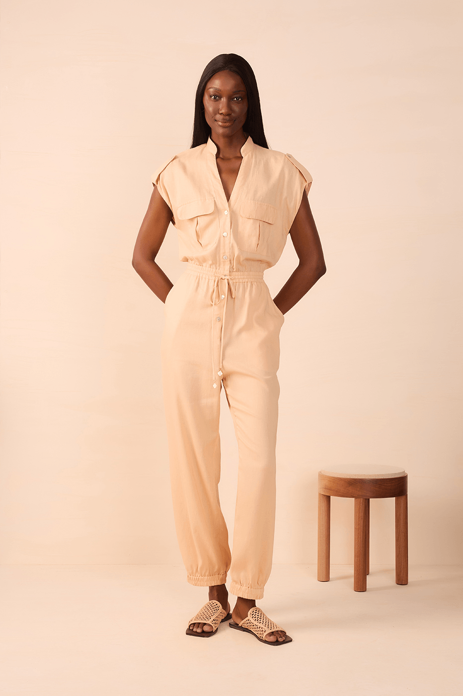 Beige Elastic Waist Jumpsuit_1