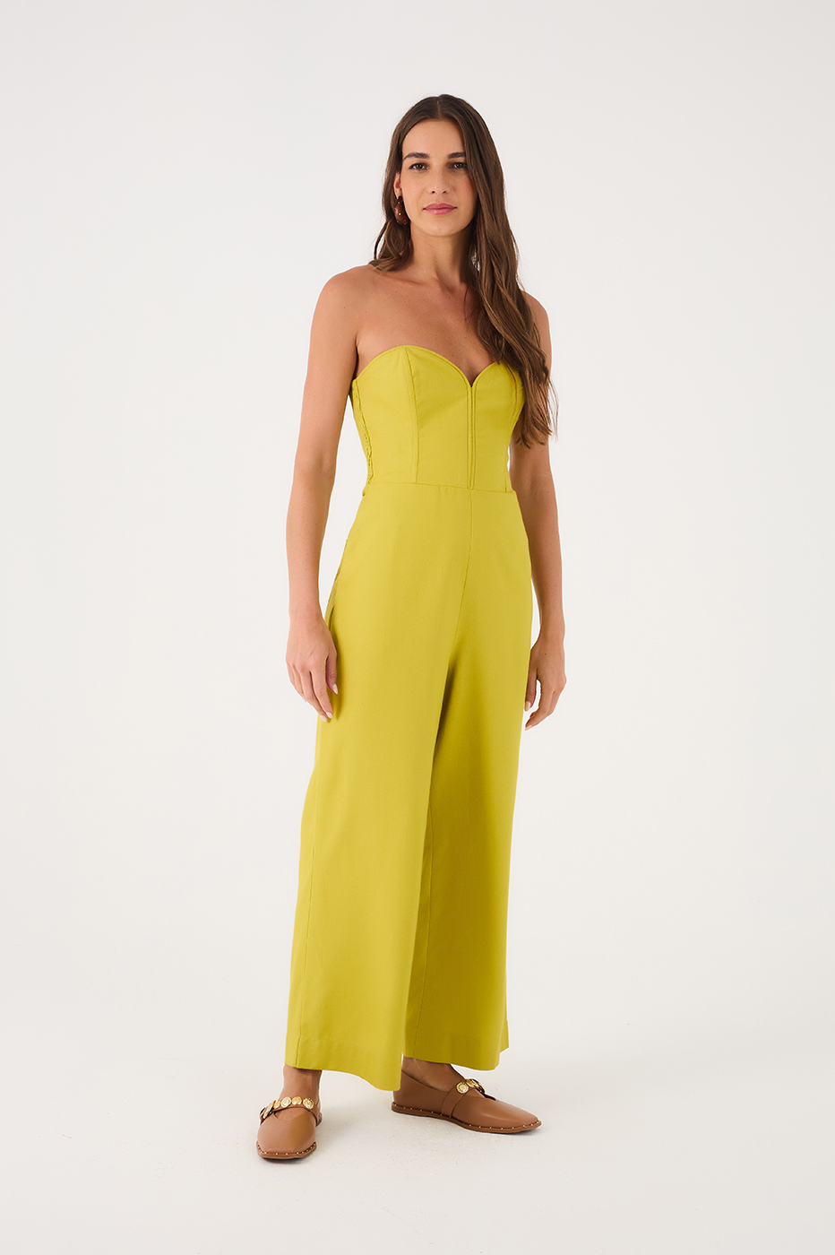 Green Topstitched Strapless Linen Jumpsuit_3